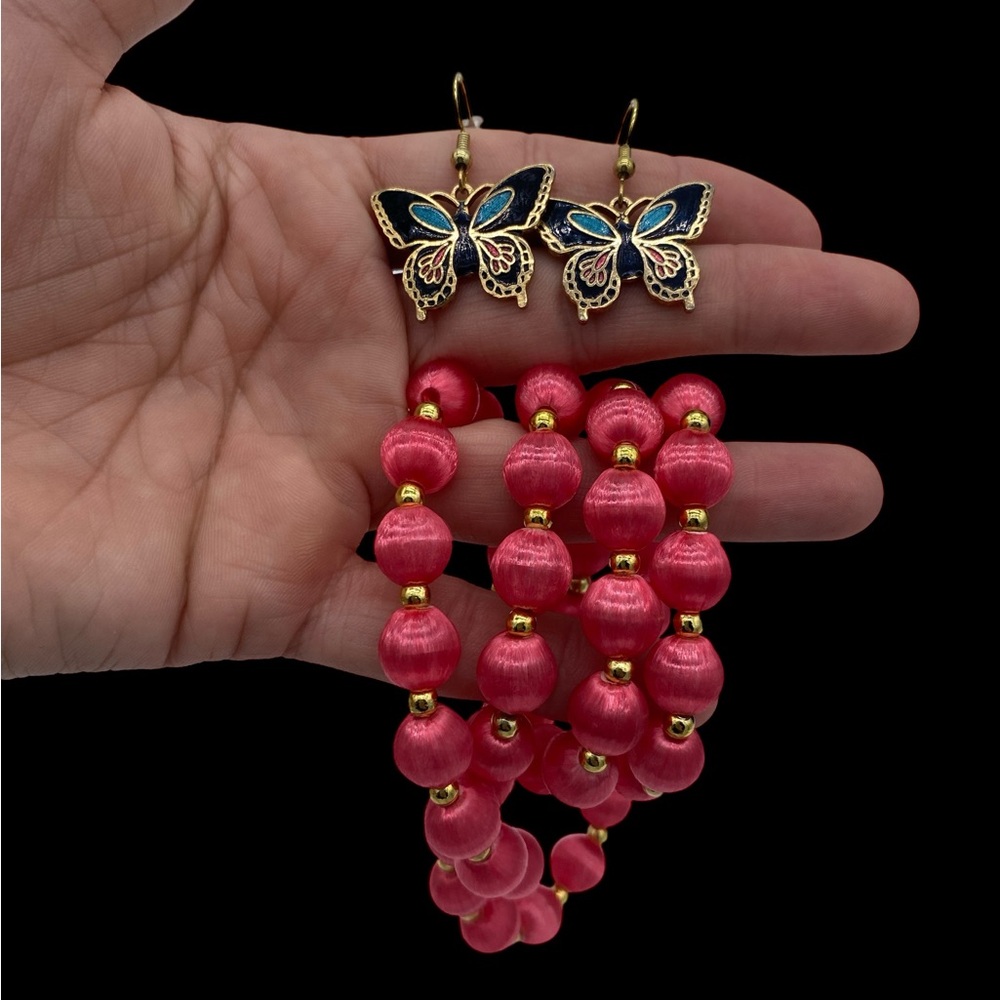 Vintage Cloisonné & Silk Set- Silk Necklace w/ Cloisonné Butterfly Earrings